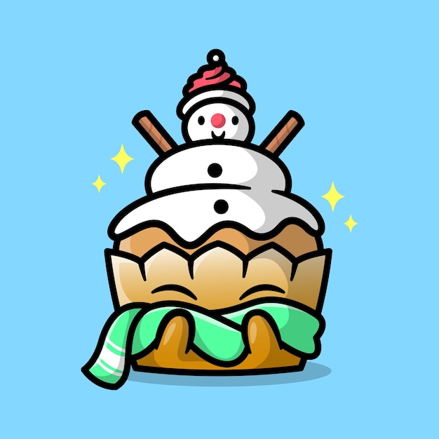 A CUTE CUPCAKE WITH SNOWMAN CREAM TOPPING IS WEARING A GREEN SCARF CARTOON CHARACTER