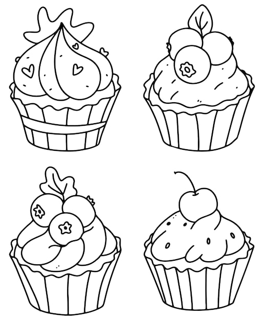 Cute cupcakes coloring page. Cupcake Set.Outline doodle vector illustration.A set of muffins .