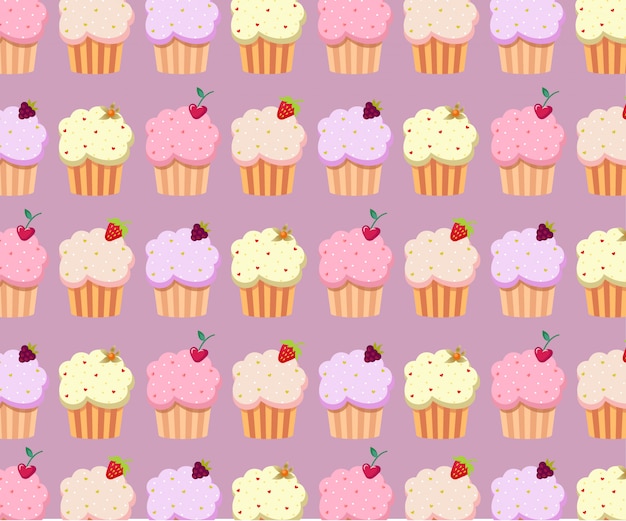 Cute cupcakes pattern in pastel colors. Sweet dessert poster, banner template