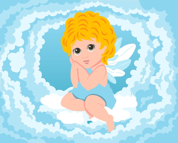 A cute cupid angel with wings sits on a cloud in the sky. Illustration for wedding, valentine