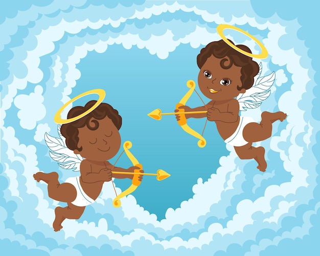 Cute cupid angels with bows and arrows in the clouds in the sky. Illustration for wedding, valentine