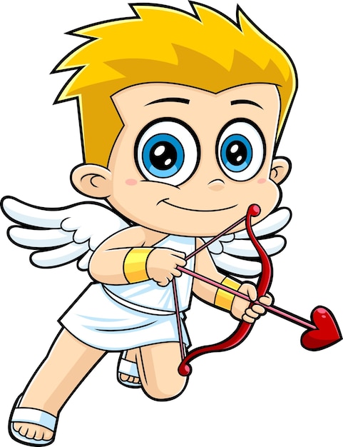 Cute Cupid Baby Cartoon Character With Bow And Arrow Flying. Vector Hand Drawn Illustration