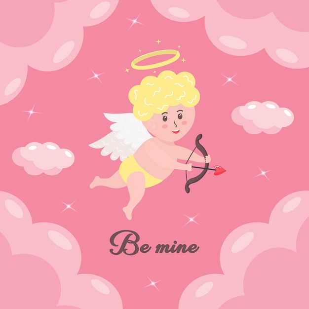 Cute cupid baby with heart arrow bow and halo Cherub with angel wings is flying among clouds