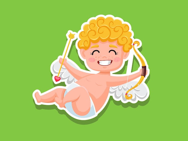 Cute cupid cartoon Sticker with bow and arrow. Vector Illustration elements of a Valentine's Day. Greeting card design, posters, gift tags and labels