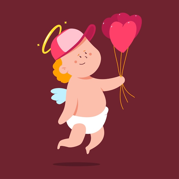 Vector cute cupid delivery with heart shaped balloons  cartoon character isolated on background.