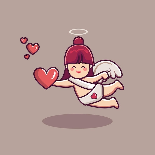 cute cupid girl character holding flying balloon