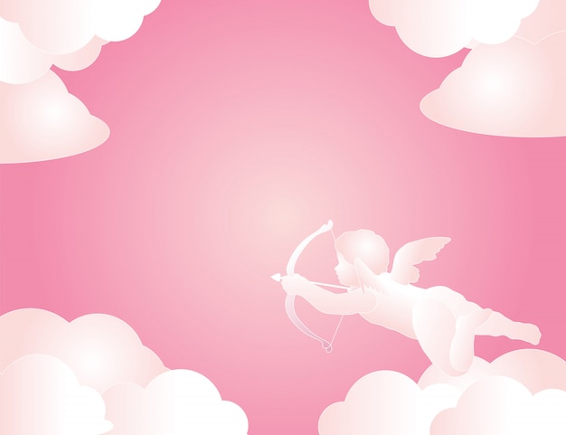 Cute Cupid hold arrow with clouds on pink background for Valentines day