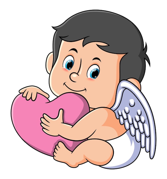 The cute cupid is hugging a big love and looking at camera