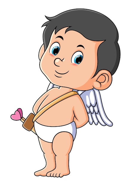 The cute cupid is standing up straight and hiding something