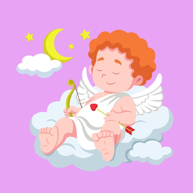 cute cupid sleep on cloud vector art illustration