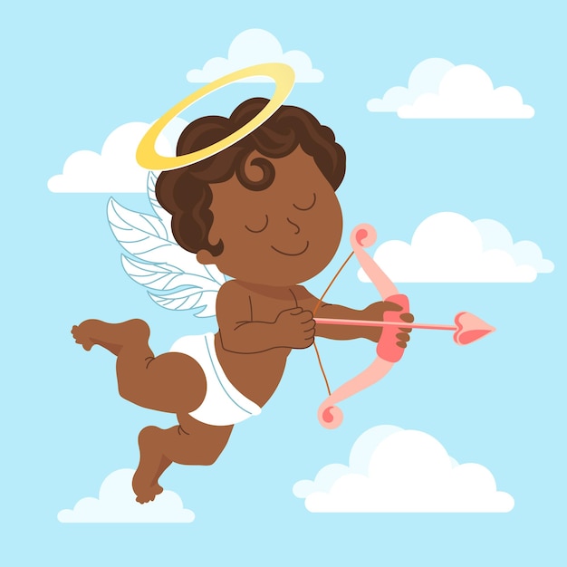 Cute cupid with bow and arrow, baby angel with a halo in the sky with clouds. Illustration, vector