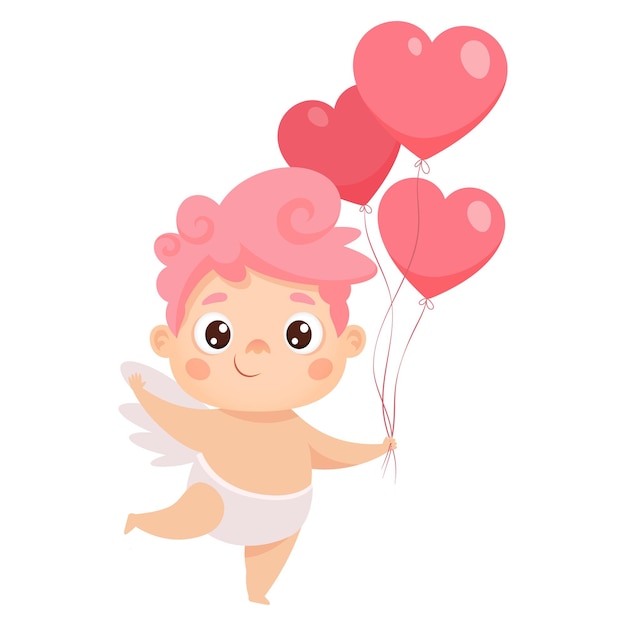 Vector cute cupid with heart shaped balloons cartoon character for valentines day