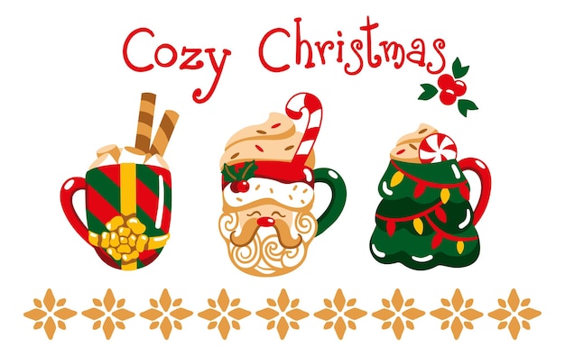 Cute cups in the shape of a  Santa Claus, christmas tree and gift boxes.Christmas collection. Vector