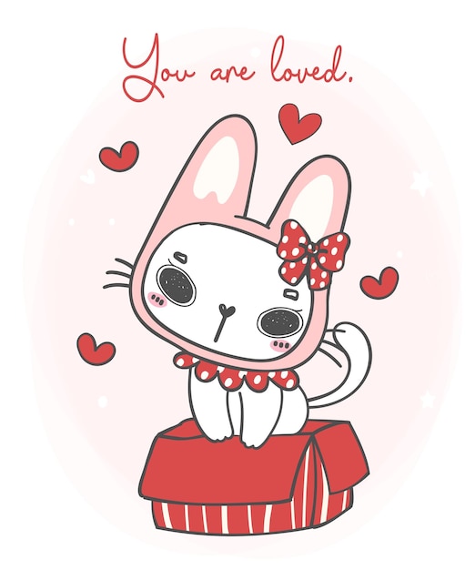 Cute curious smile bunny ears white kitten cat girl in red gift box you are loved animal cartoon doodle hand drawing