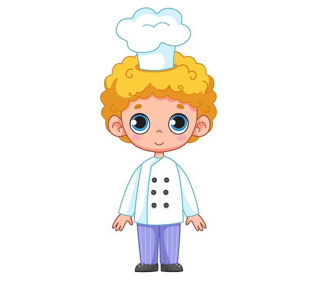 A cute curlyhaired boy in a cooks suit and a white hat Vector illustration of baby baker