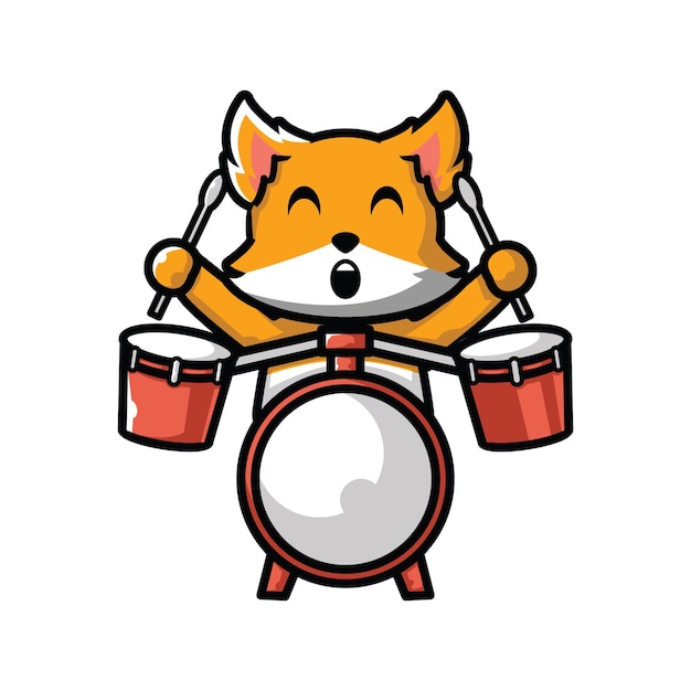 Cute cute cartoon character mascot vector illustration a fox is playing drums