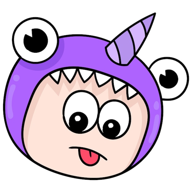 Cute and cute horned monster kid head, vector illustration carton emoticon. doodle icon drawing