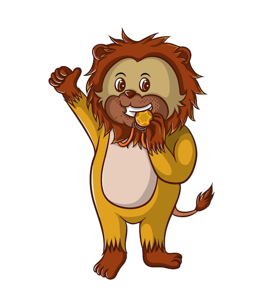 Vector cute cute lion cartoon illustration design wins biting medal