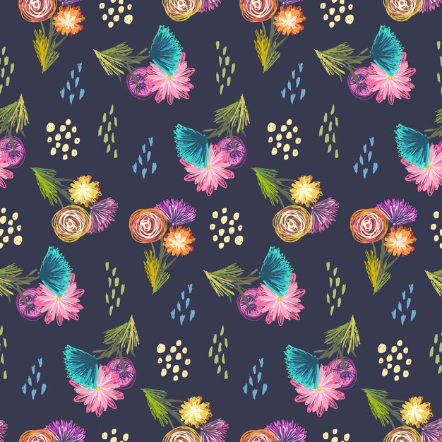 Cute dark pattern with sketchy flowers bouquets