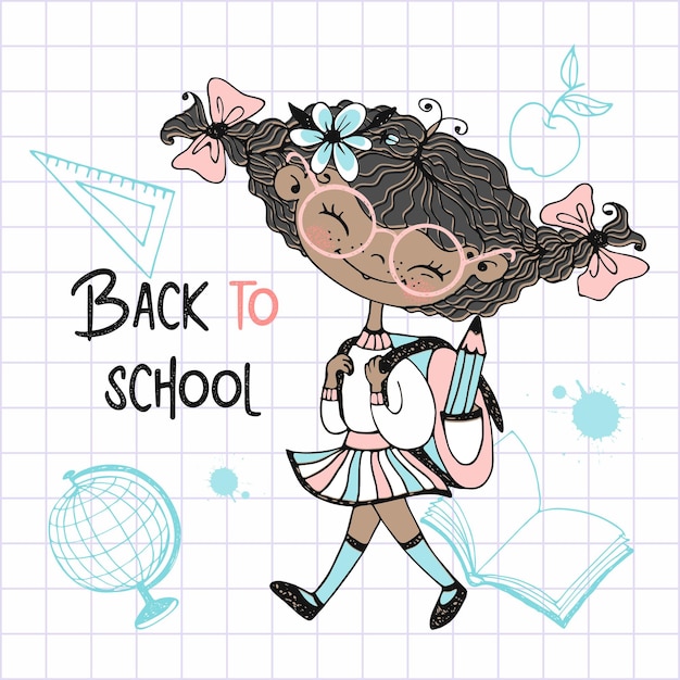 Cute dark-skinned girl with pigtails with a school backpack goes to school. Back to school. Vector.