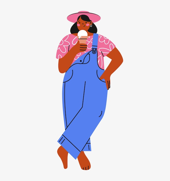 Cute dark skinned young woman in hat standing with ice cream Creative flat illustration with girl