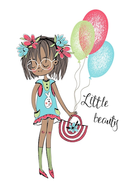 Cute darkskinned girl with balloons A little beauty Vector illustration