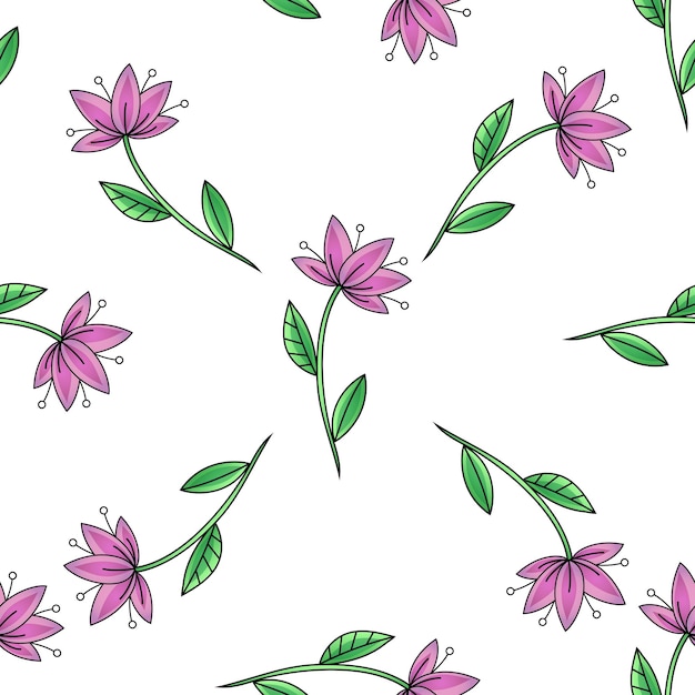 Cute decorative lily flower with stamens and leaf seamless pattern Vector illustration Flat cartoon style