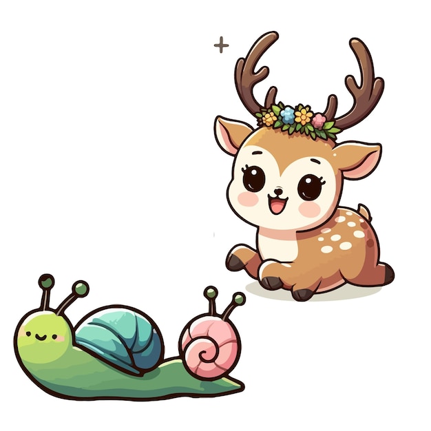 Vector cute deer baby slug sunflower pine color cartoon