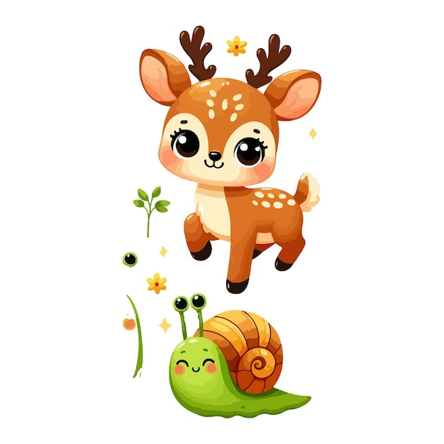 Vector cute deer baby slug sunflower pine color cartoon