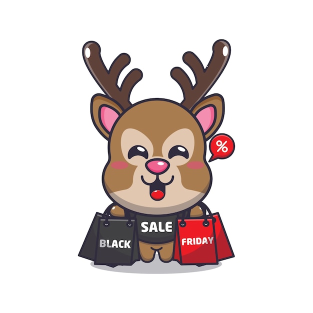 Cute deer in black friday cartoon mascot illustration