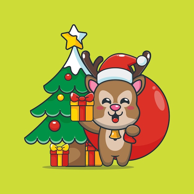 Cute deer carrying christmas gift box with santa bag Cute christmas cartoon illustration