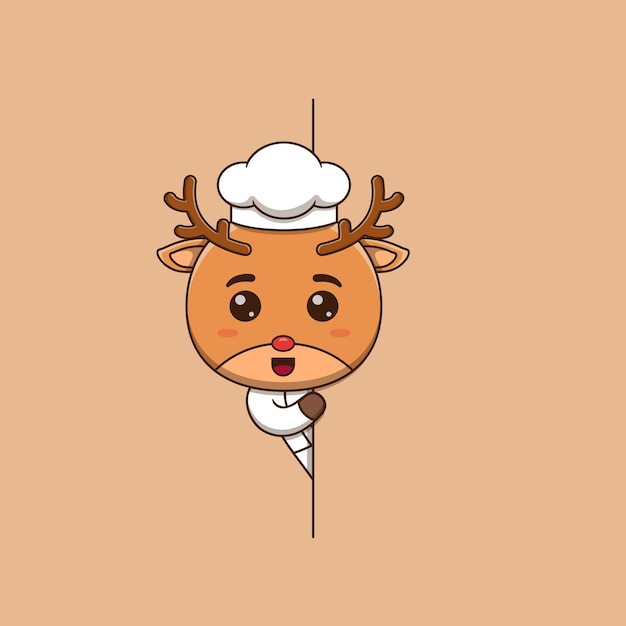 Cute deer chef peeking out behind blank sign