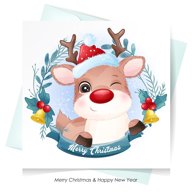 Cute  deer for christmas with watercolor card