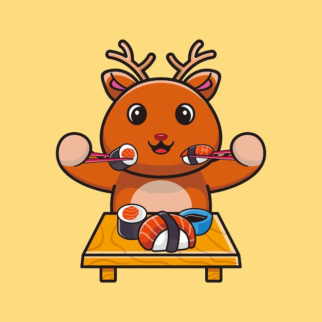 Cute deer eating sushi with chopsticks cartoon icon illustration