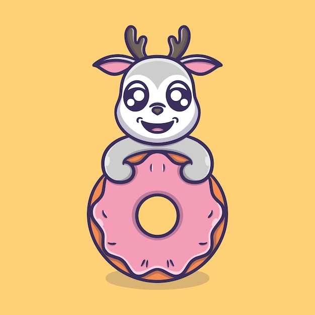 Cute deer holding donut cartoon vector icon illustration