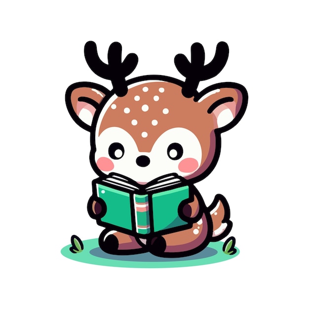 Vector cute deer reading a book cartoon vector icon illustration