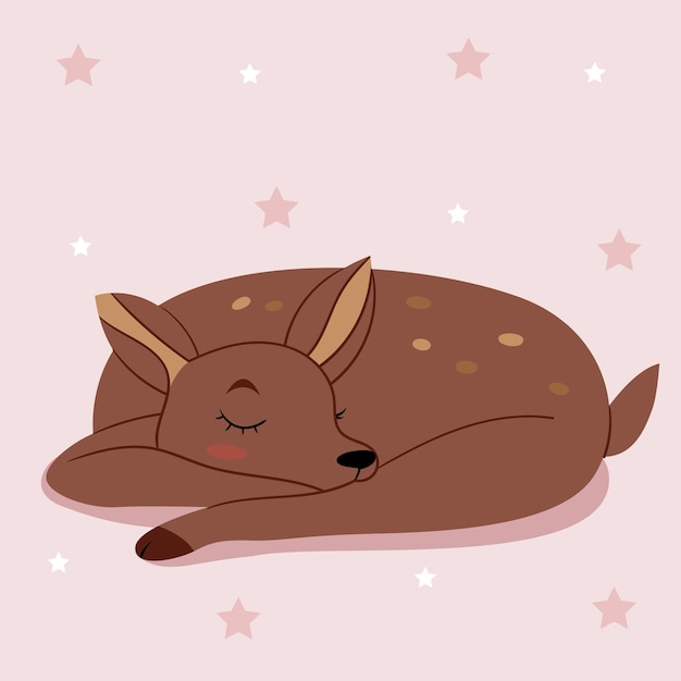 A cute deer sleeps on a pink background. Children's illustration. Fabulous character. Forest animal.