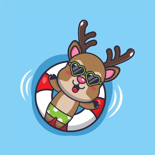 Cute deer in sunglasses float with buoy.