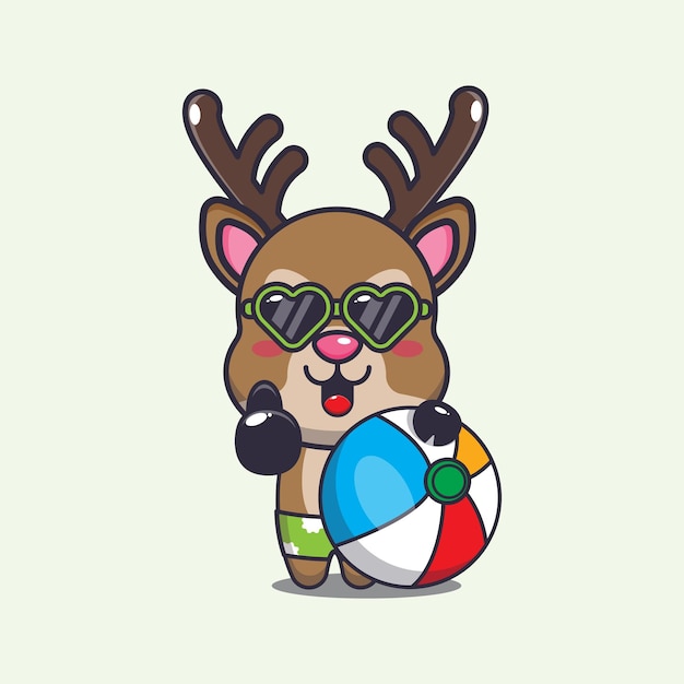 Cute deer in sunglasses with beach ball cartoon illustration.