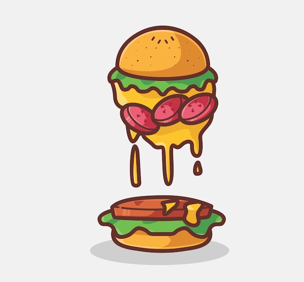 Cute delicious cheeseburger melted cartoon food concept Isolated illustration Flat cartoon