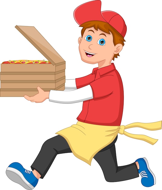 cute delivery man carrying pizza