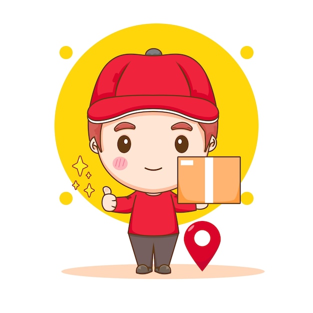 Cute delivery man showing thumb up and holding package chibi cartoon character