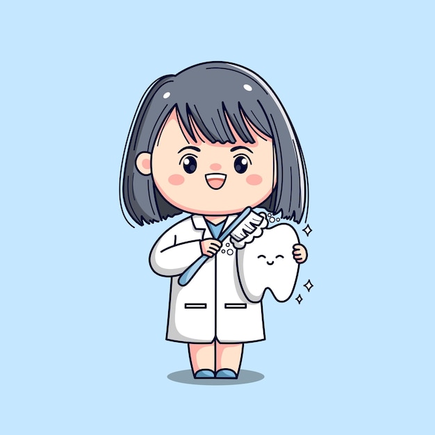 Cute dentist female doctor holding tooth kawaii chibi flat outlined character