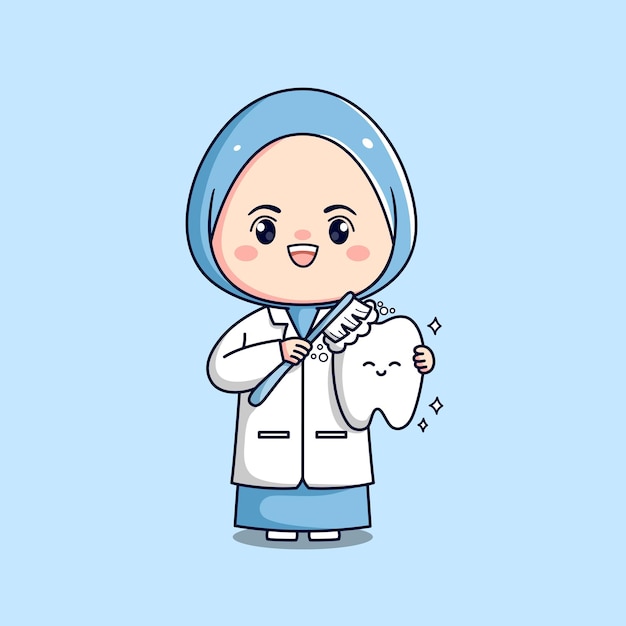 Cute dentist hijab female doctor holding tooth kawaii chibi flat outlined character