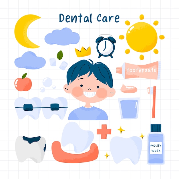 Cute dentist set for dental care hygiene and healthy teeth with kid and equipment