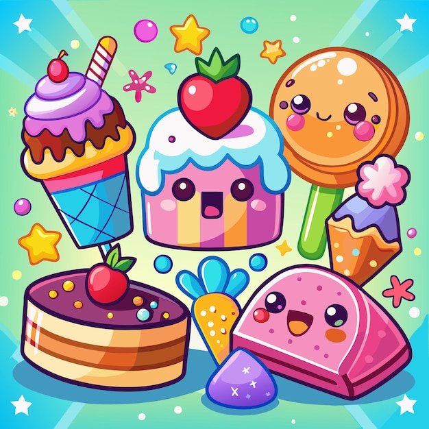 Vector cute desserts smile sweetly kawaii treats galore