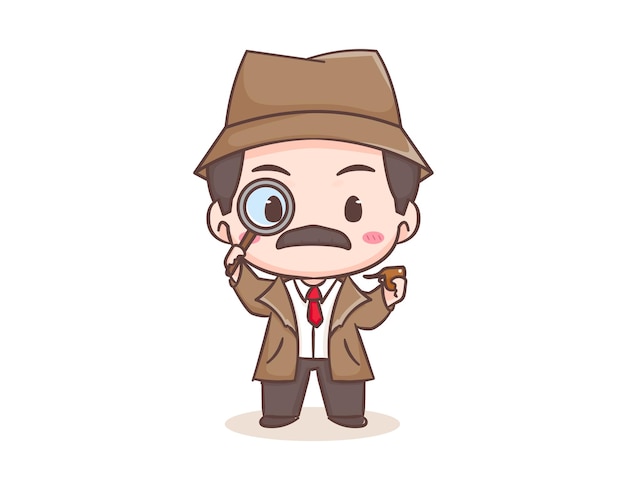 Cute detective cartoon mascot character. Chibi illustration vector art. Profession Icon Concept