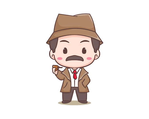 Cute detective cartoon mascot character. Chibi illustration vector art. Profession Icon Concept