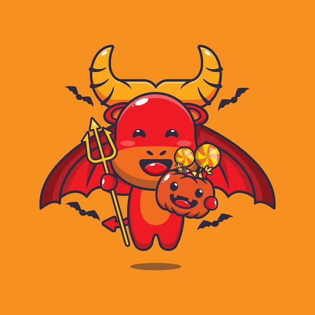 Cute devil buffalo in halloween day. Cute halloween cartoon illustration.