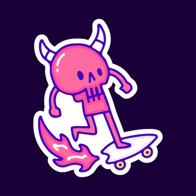 Cute devil skull riding skateboard cartoon, illustration for t-shirt, sticker.